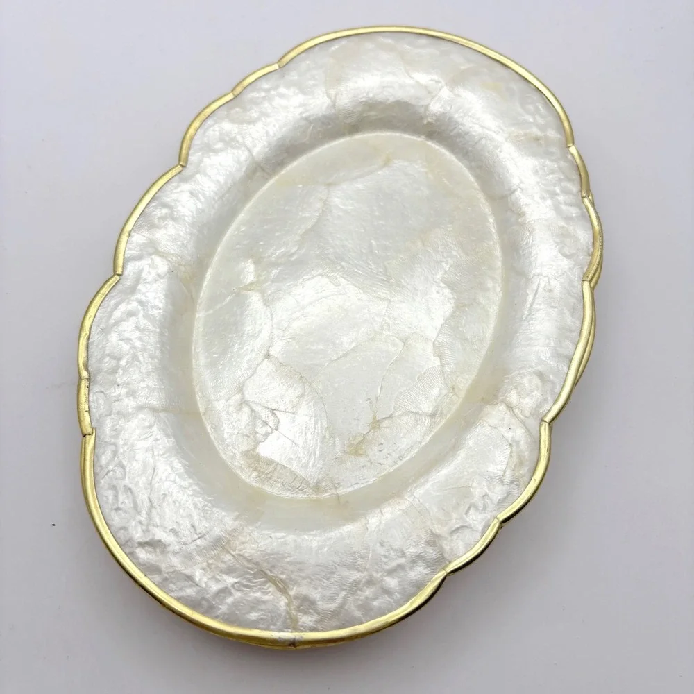 Vintage Mother of Pearl Capiz Shell Scalloped Gold Rim Oval Plates Set of 4